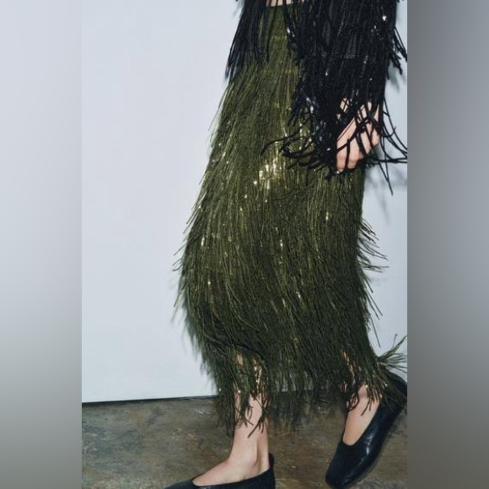 Zara Olive Green Fringe Skirt